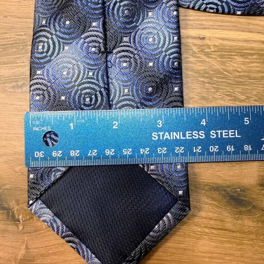 VTG Paul Dione Tie Blue Black Geometric Circle Print Silk Necktie